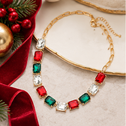Holiday Jewel-Tone Crystal Statement Necklace | Gold-Tone