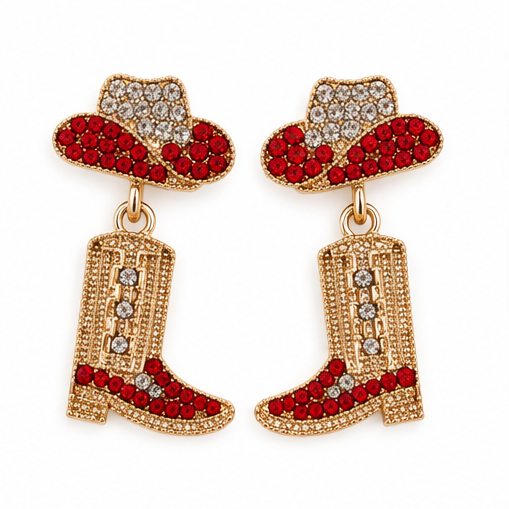 Rhinestone Cowgirl Hat & Boot Dangle Earrings