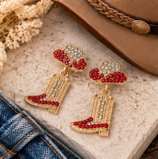 Rhinestone Cowgirl Hat & Boot Dangle Earrings