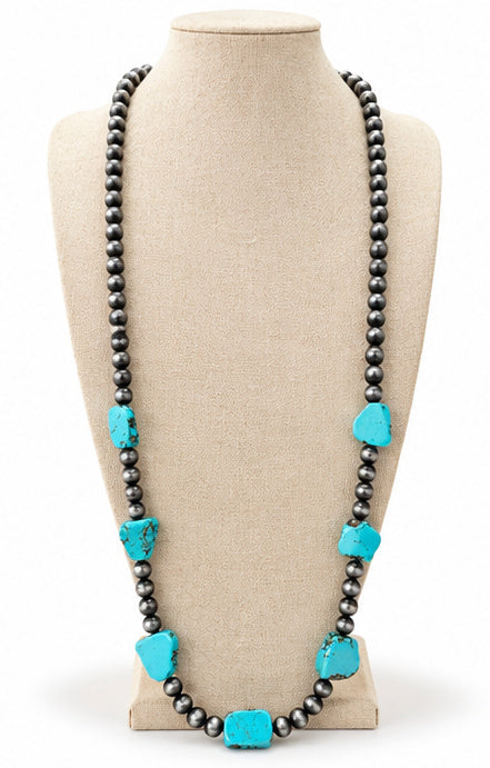 Western Faux Turquoise Nugget & Silver Pearl 48" Necklace