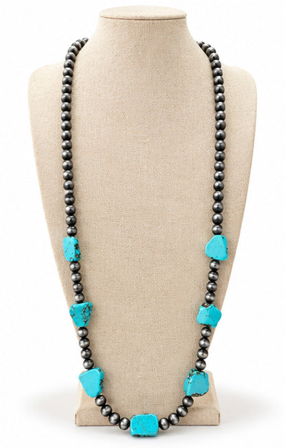 Western Faux Turquoise Nugget & Silver Pearl 48" Necklace