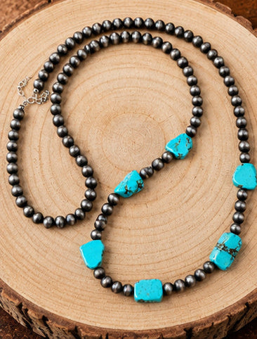 Western Faux Turquoise Nugget & Silver Pearl 48" Necklace