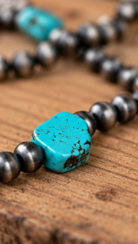 Western Faux Turquoise Nugget & Silver Pearl 48" Necklace
