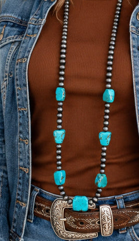 Western Faux Turquoise Nugget & Silver Pearl 48" Necklace