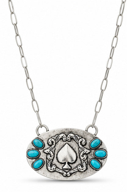 Western Spade Pendant Necklace with Faux Turquoise | Silver Tone