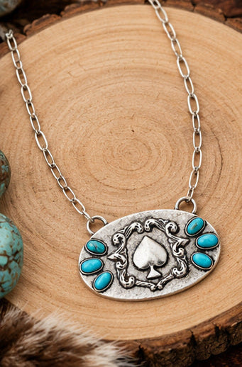 Western Spade Pendant Necklace with Faux Turquoise | Silver Tone