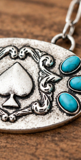 Western Spade Pendant Necklace with Faux Turquoise | Silver Tone