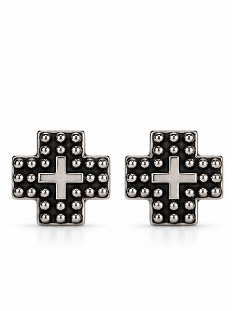 Western Cross Metal Stud Earrings — Antique Silver Faith Statement