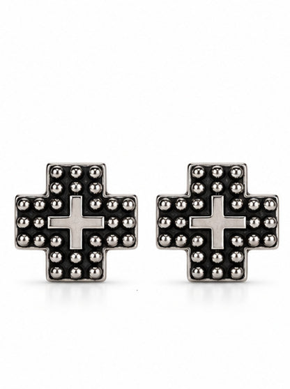 Western Cross Metal Stud Earrings — Antique Silver Faith Statement