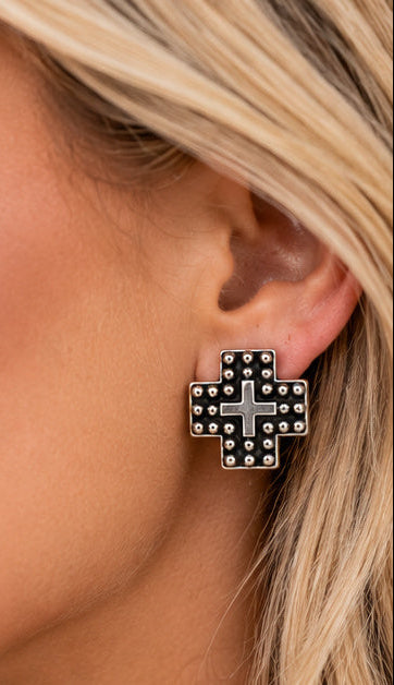 Western Cross Metal Stud Earrings — Antique Silver Faith Statement