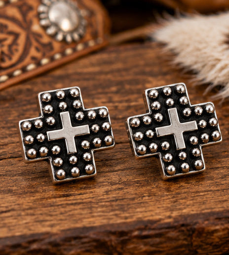Western Cross Metal Stud Earrings — Antique Silver Faith Statement