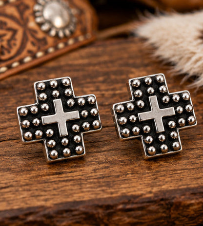 Western Cross Metal Stud Earrings — Antique Silver Faith Statement
