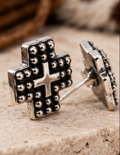 Western Cross Metal Stud Earrings — Antique Silver Faith Statement