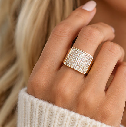 Gold Pavé Square Statement Ring | Adjustable