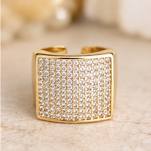 Gold Pavé Square Statement Ring | Adjustable