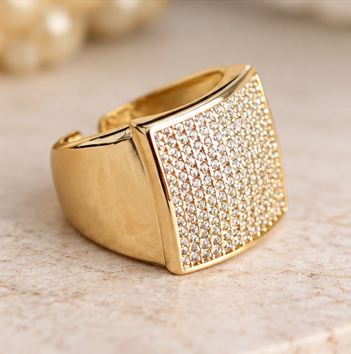 Gold Pavé Square Statement Ring | Adjustable