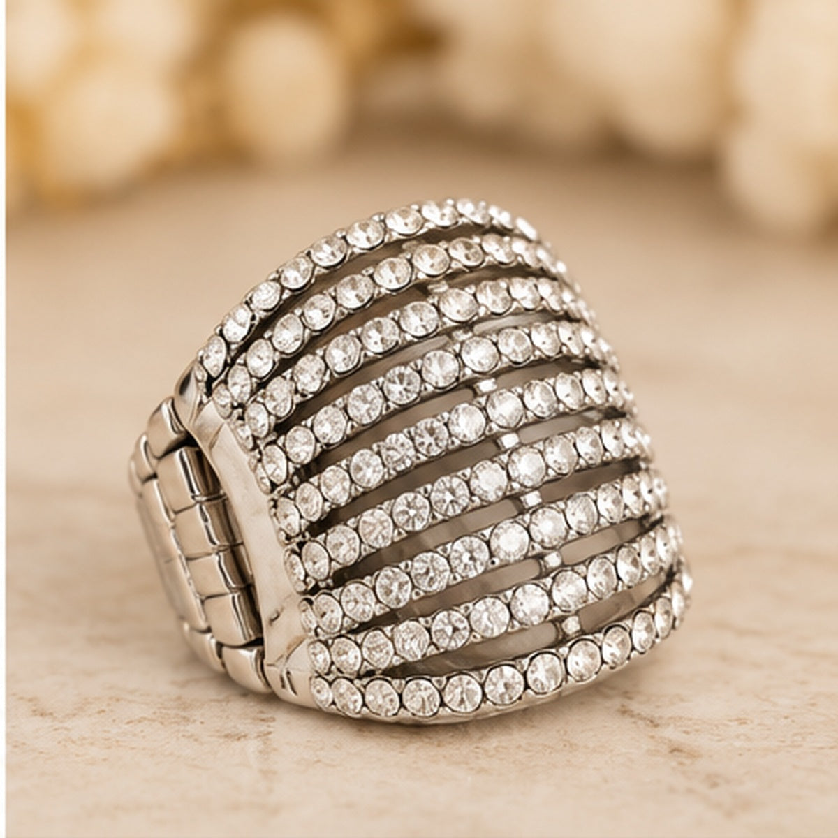 Silver Rhinestone Wide Stretch Statement Ring