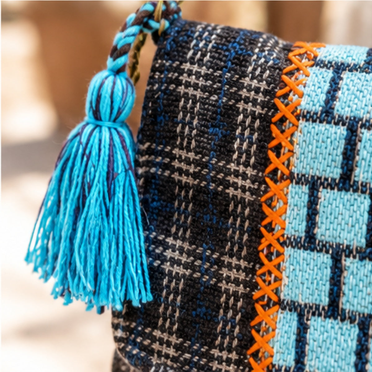 Savannah Woven Boho Crossbody Bag | Turquoise Tassel