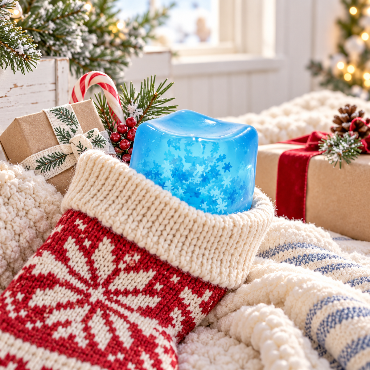 Snowflake Glitter Squishy Cube — Blue Sensory Fidget Toy