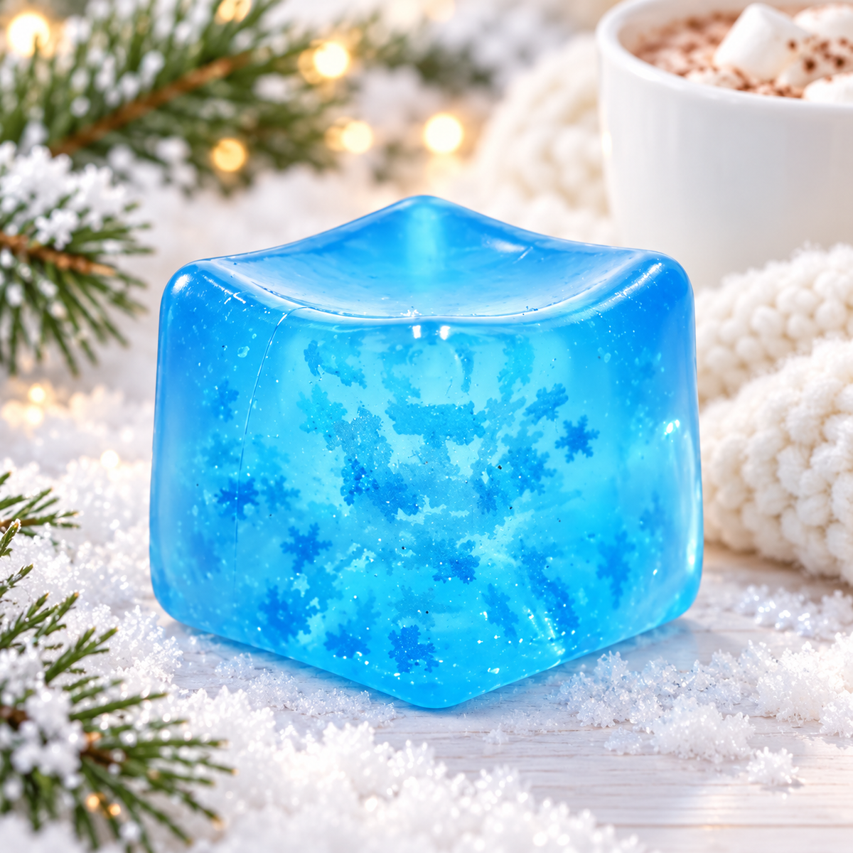 Snowflake Glitter Squishy Cube — Blue Sensory Fidget Toy