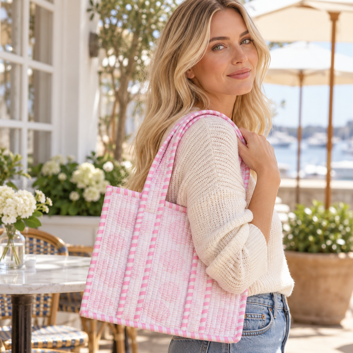 Coastal Heirloom Small Quilted Tote Bag | Floral & Seashell Prints