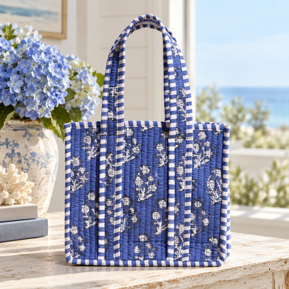Coastal Heirloom Small Quilted Tote Bag | Floral & Seashell Prints