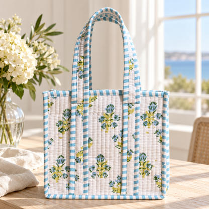 Coastal Heirloom Small Quilted Tote Bag | Floral & Seashell Prints