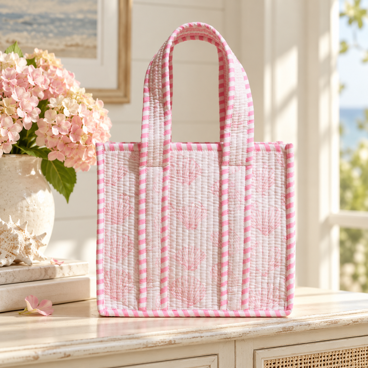 Coastal Heirloom Small Quilted Tote Bag | Floral & Seashell Prints