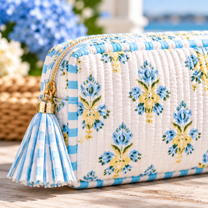 Coastal Heirloom Quilted Cosmetic Pouch | Floral & Seashell Prints