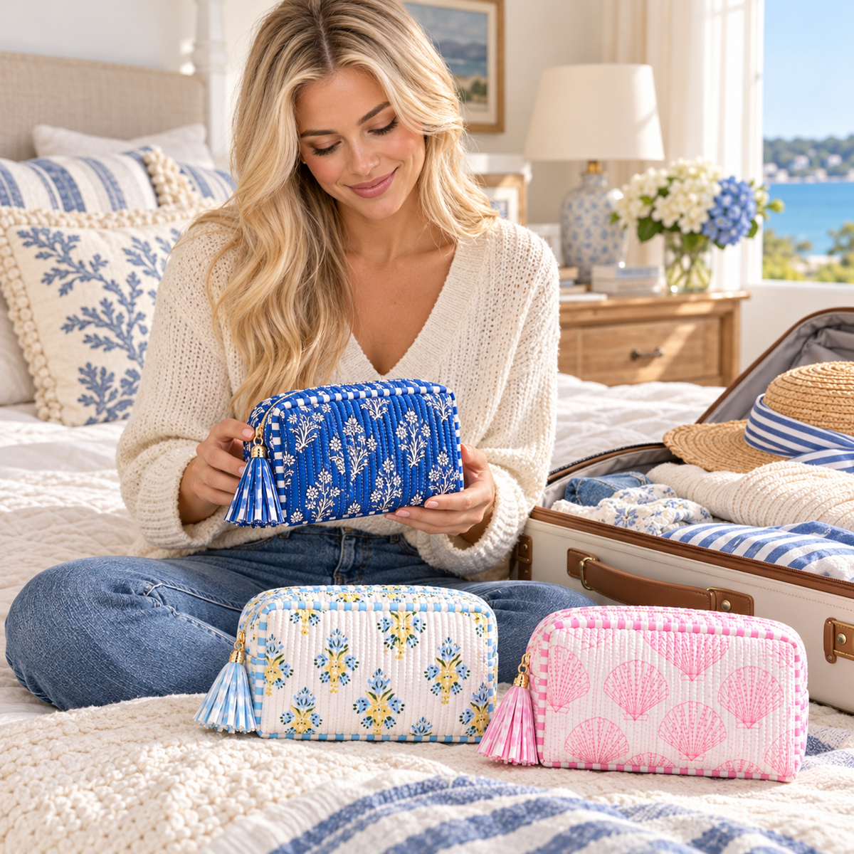 Coastal Heirloom Quilted Cosmetic Pouch | Floral & Seashell Prints
