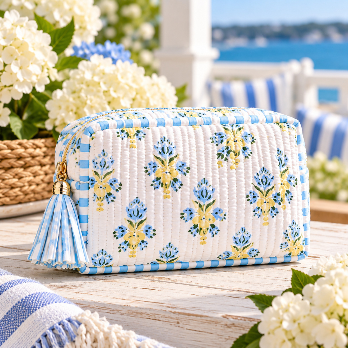 Coastal Heirloom Quilted Cosmetic Pouch | Floral & Seashell Prints