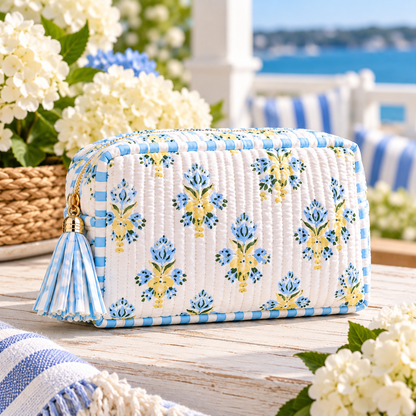 Coastal Heirloom Quilted Cosmetic Pouch | Floral & Seashell Prints