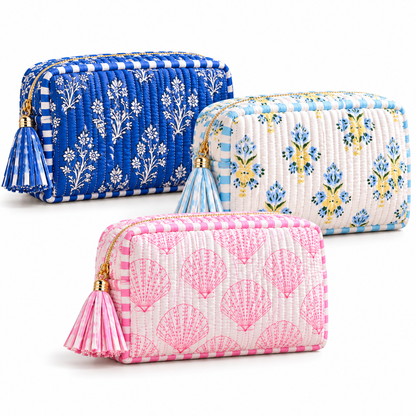 Coastal Heirloom Quilted Cosmetic Pouch | Floral & Seashell Prints