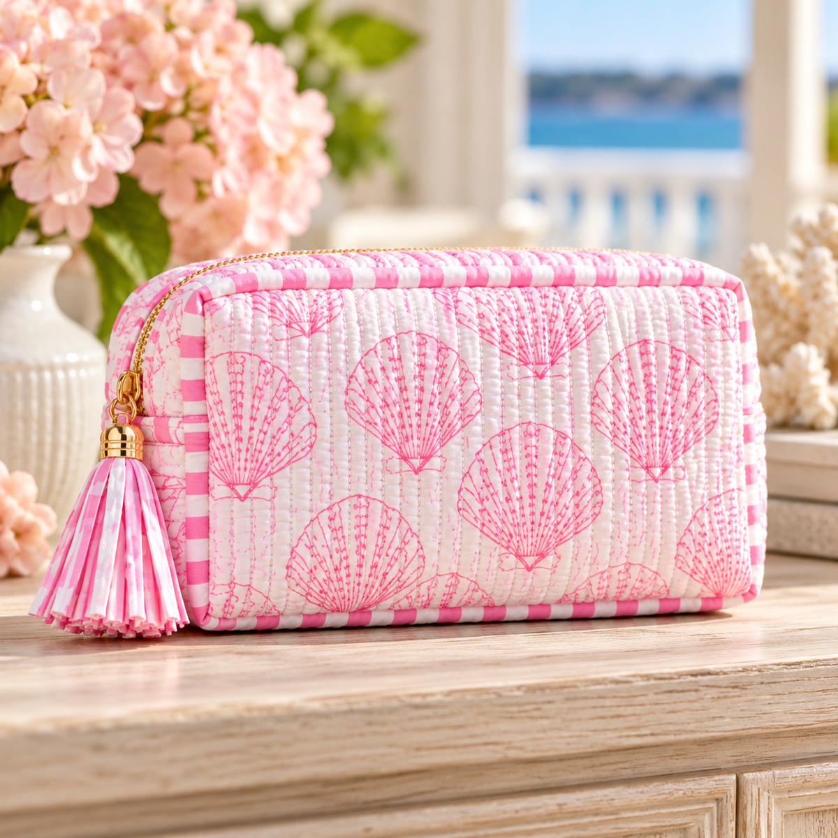 Coastal Heirloom Quilted Cosmetic Pouch | Floral & Seashell Prints