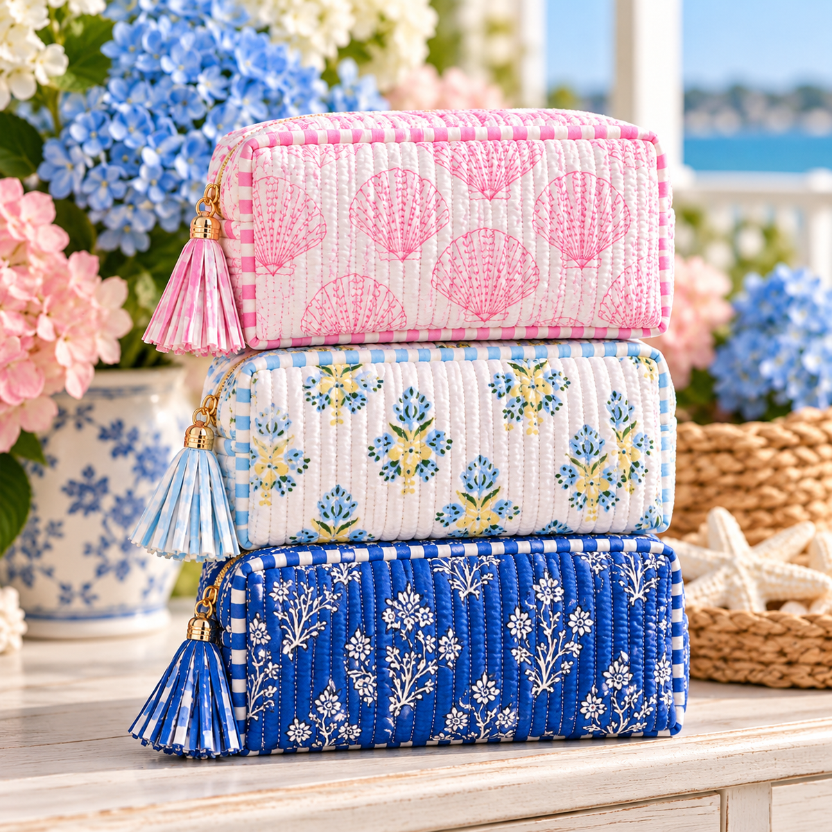 Coastal Heirloom Quilted Cosmetic Pouch | Floral & Seashell Prints