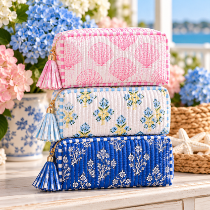 Coastal Heirloom Quilted Cosmetic Pouch | Floral & Seashell Prints
