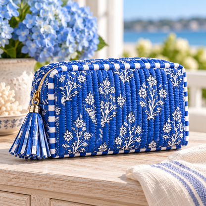 Coastal Heirloom Quilted Cosmetic Pouch | Floral & Seashell Prints