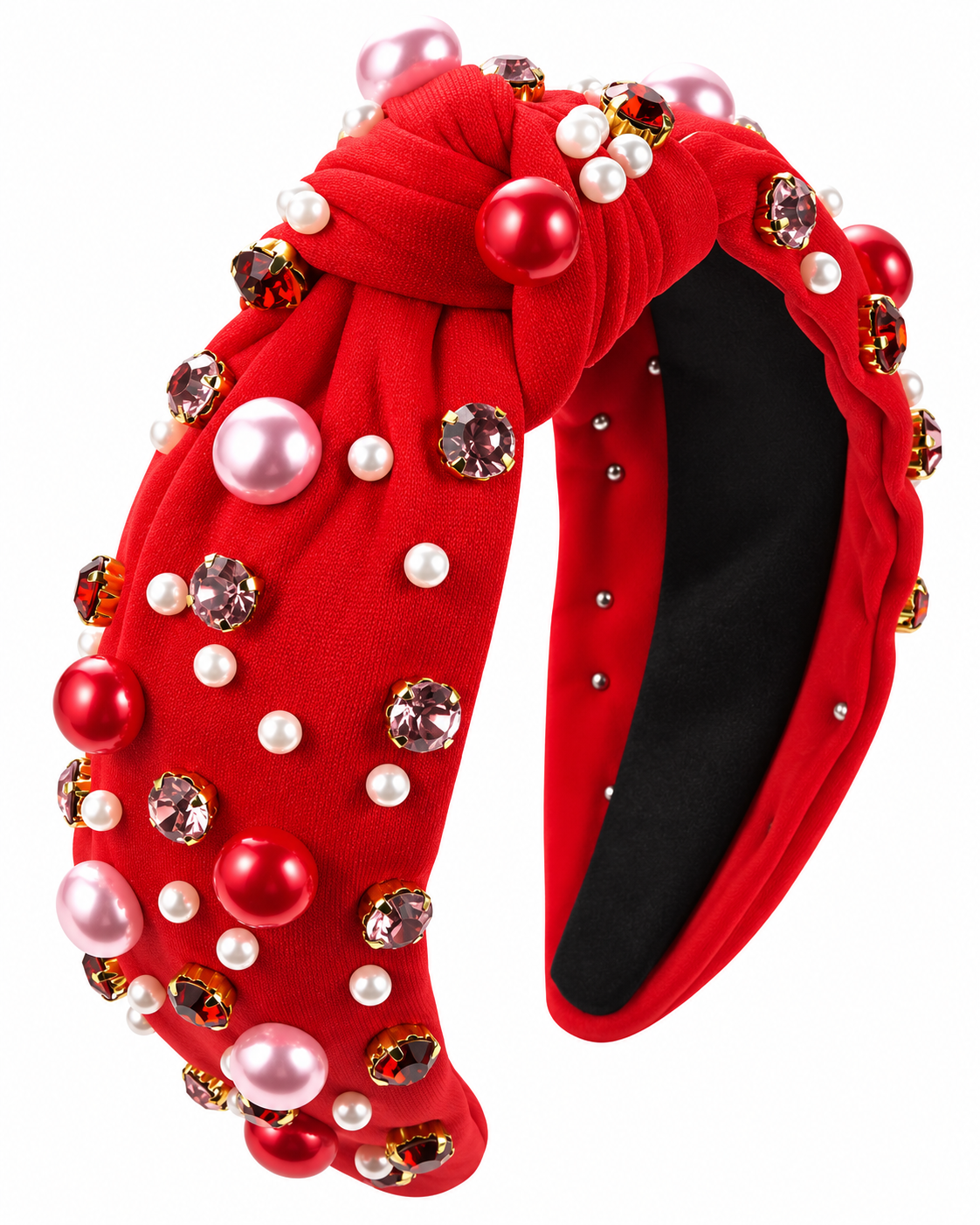 A Love Bomb Red Top Knot Headband – Faux Pearl & Rhinestone Embellished