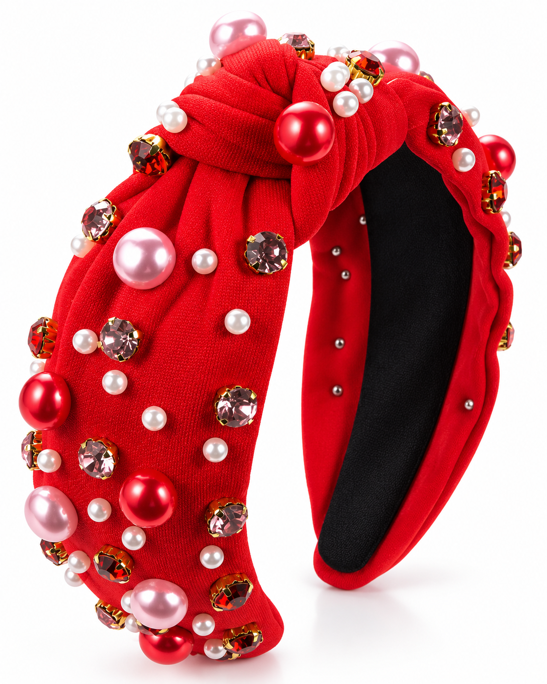 A Love Bomb Red Top Knot Headband – Faux Pearl & Rhinestone Embellished