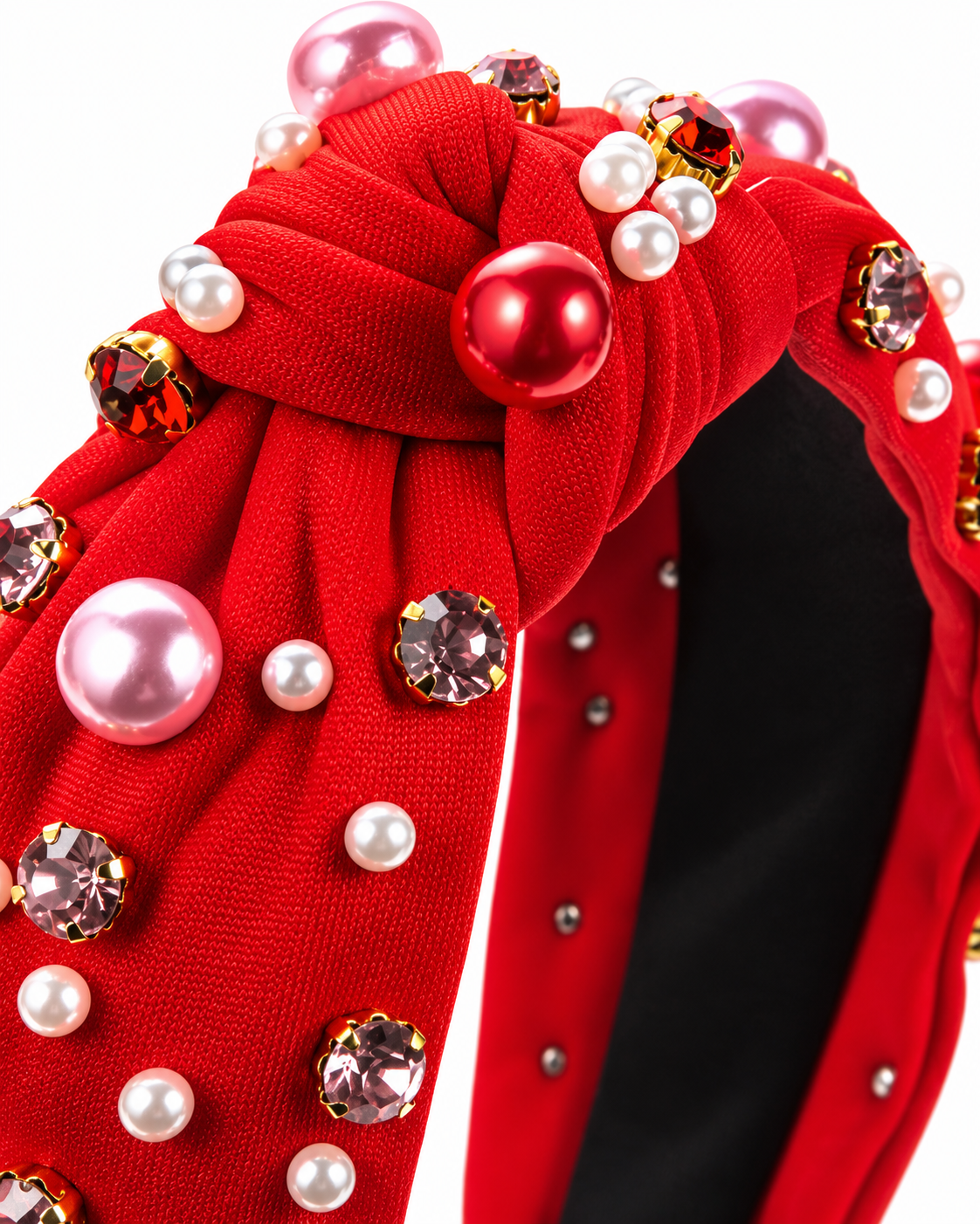 A Love Bomb Red Top Knot Headband – Faux Pearl & Rhinestone Embellished