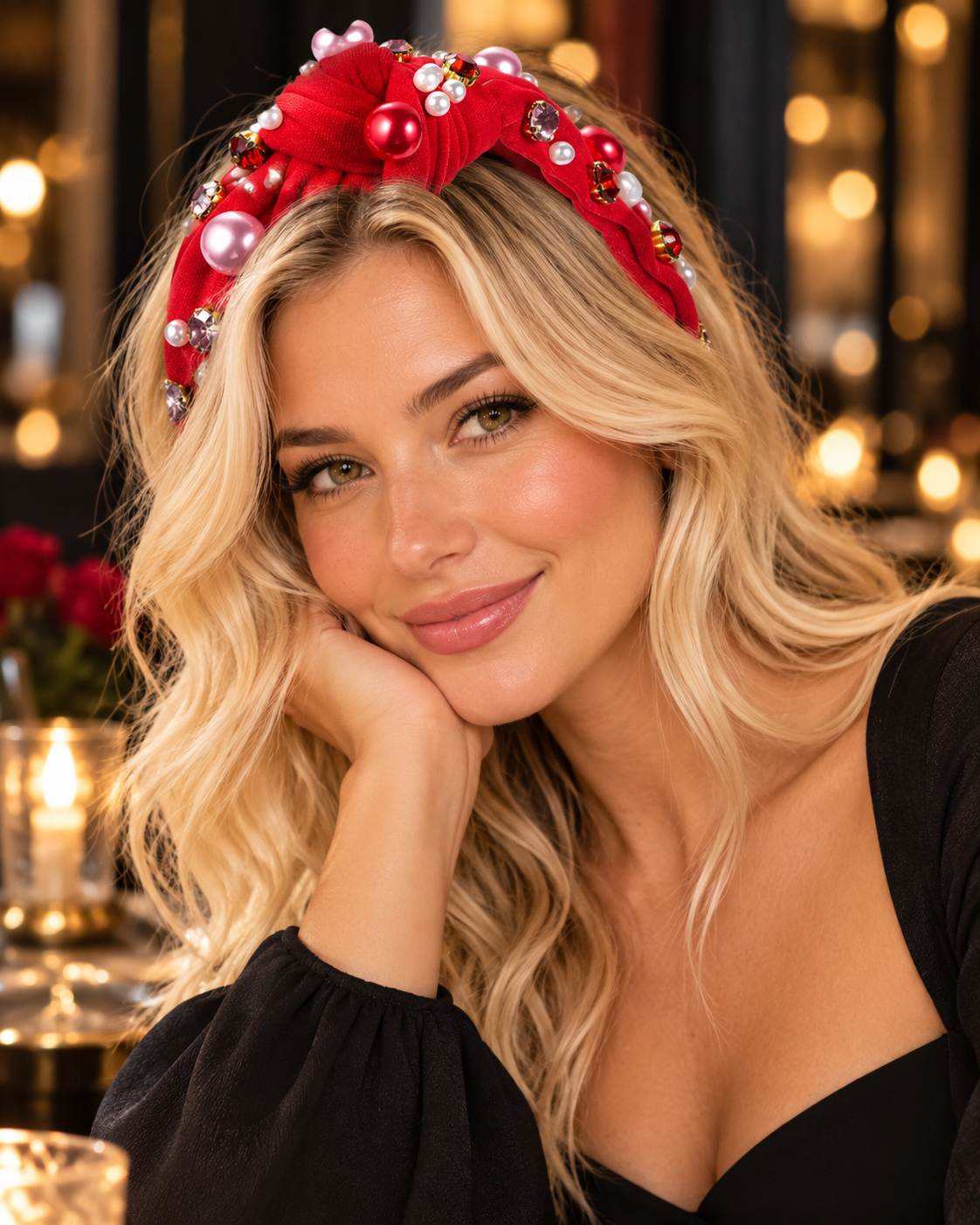 A Love Bomb Red Top Knot Headband – Faux Pearl & Rhinestone Embellished