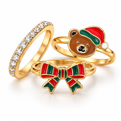 Christmas Bow & Teddy Bear 3-Piece Stackable Ring Set