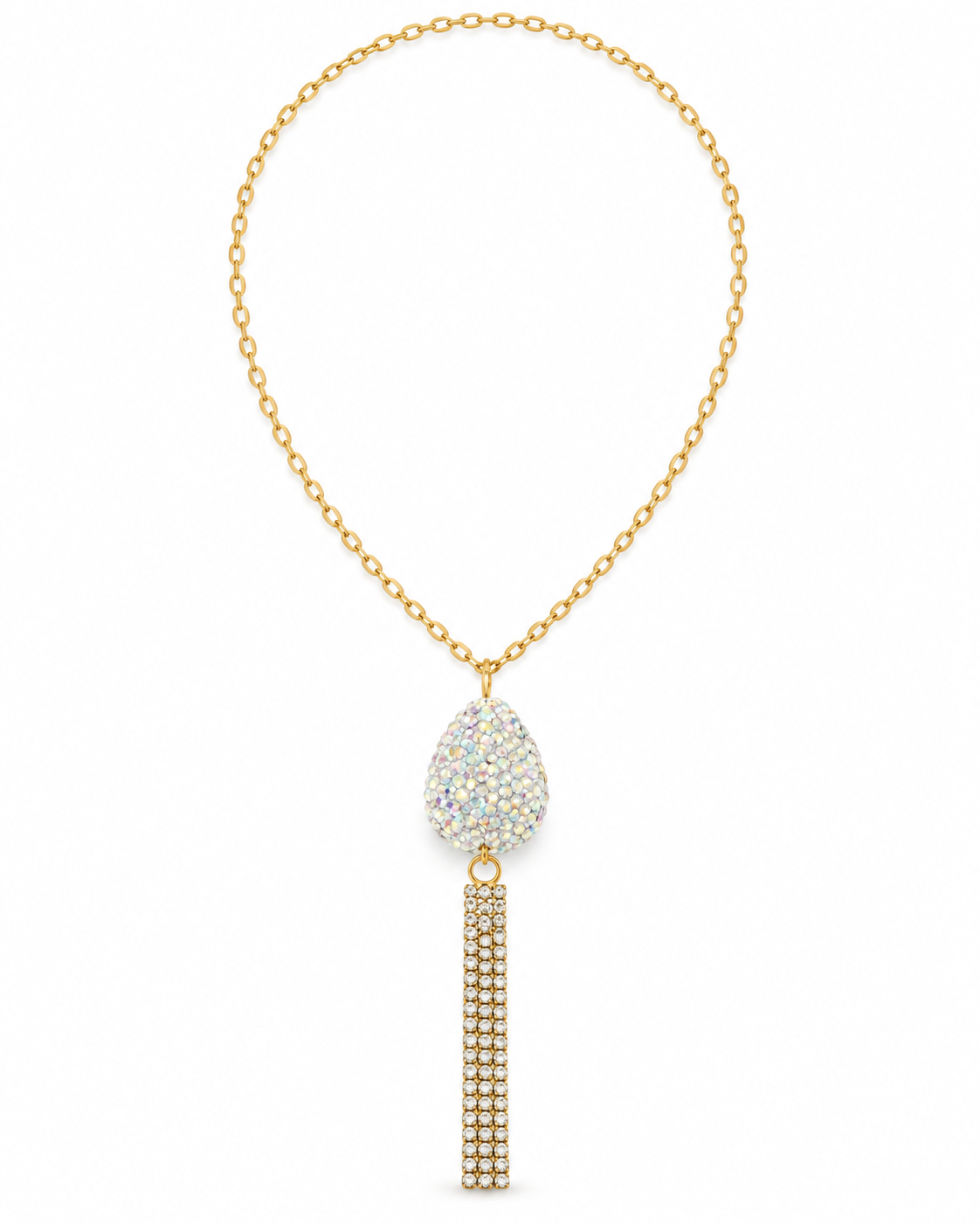 A gold chain necklace featuring a teardrop-shaped crystal pavé pendant with a dangling rhinestone-encrusted tassel, shown on a plain white background.