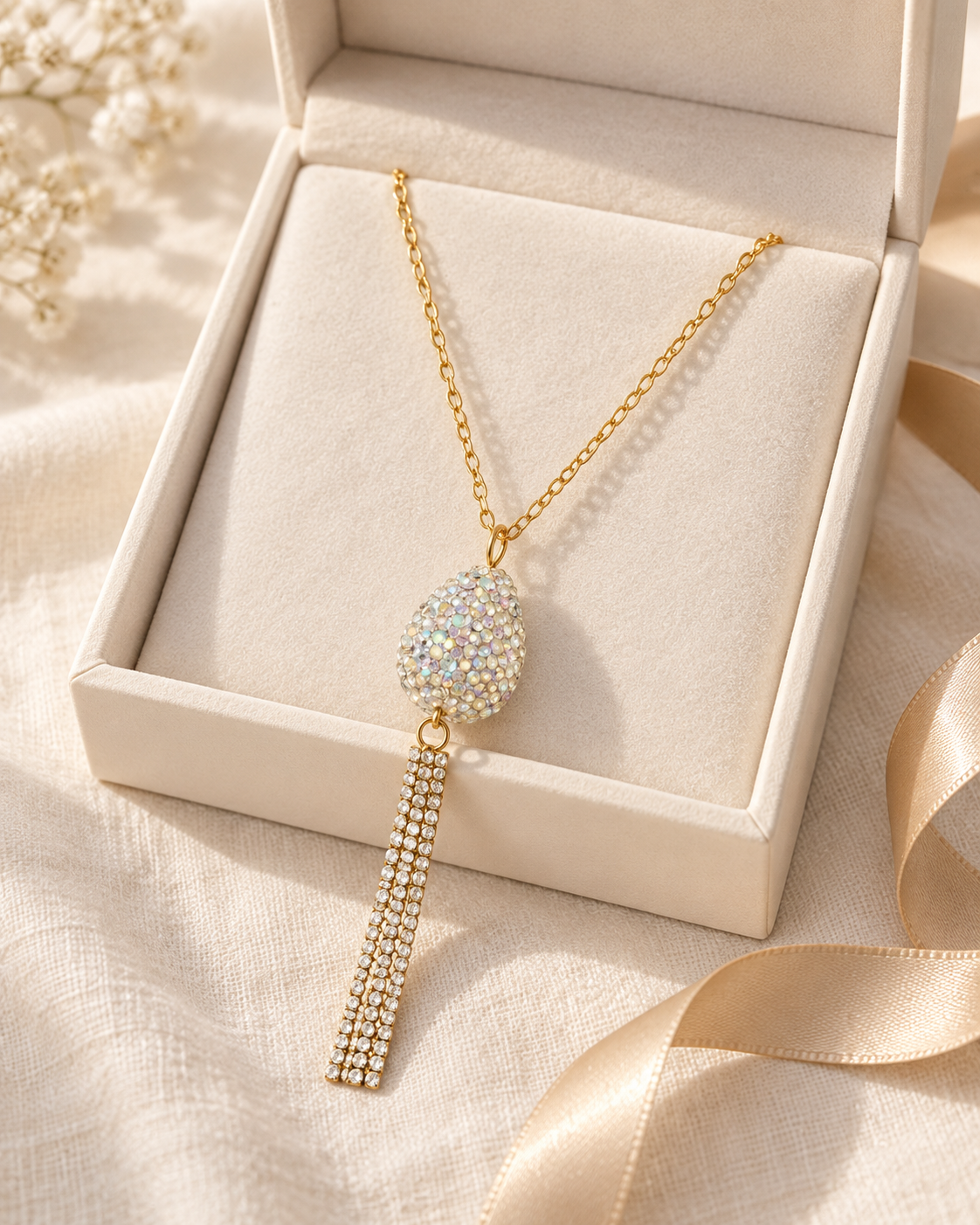 A gold-tone necklace with a teardrop-shaped crystal pavé pendant and a dangling crystal-encrusted tassel, displayed inside an open cream jewelry box on a soft beige fabric background with ribbon.