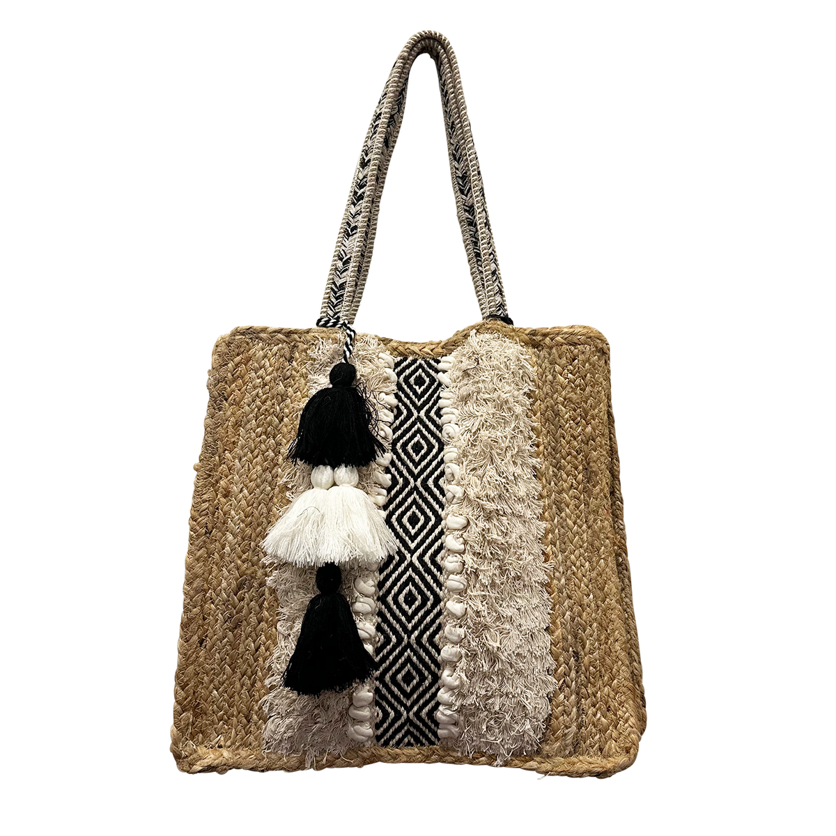 The Santa Fe Social Jute Tote | Black & White Fringe Shoulder Bag