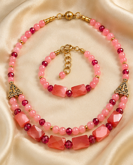 Rose Quartz & Mother of Pearl Necklace and Bracelet Set