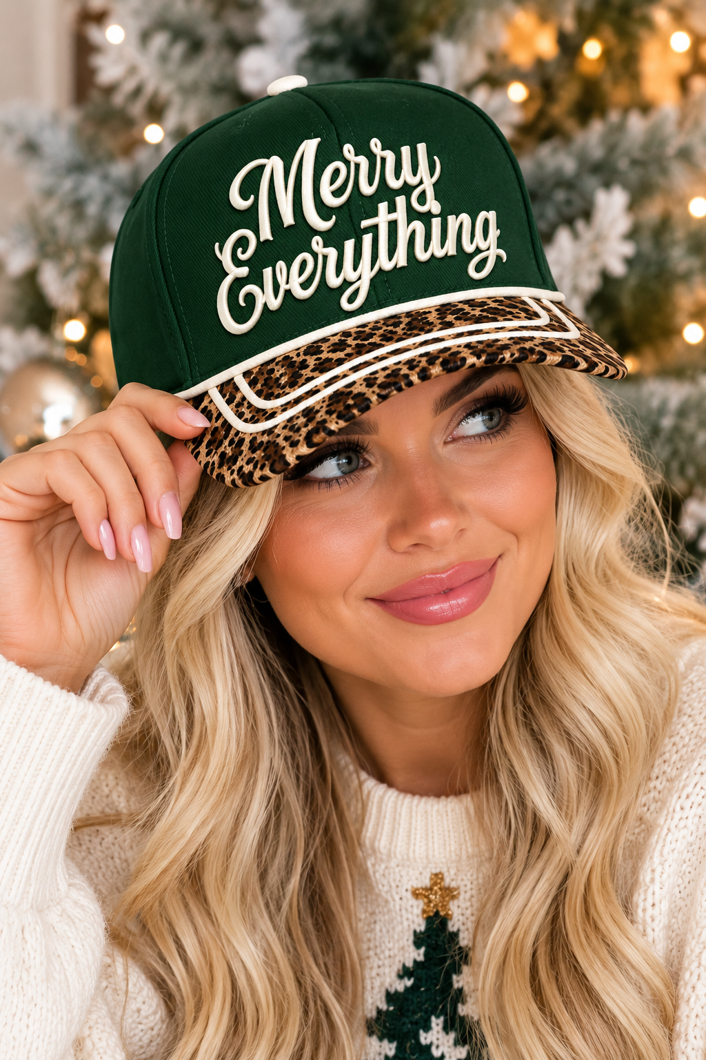 Merry Everything Leopard Print Christmas Snapback Hat | Forest Green Embroidered Cap