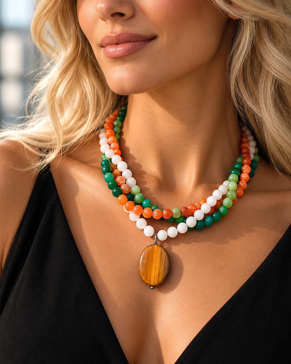 Triple-Strand Orange, Green & White Agate Gemstone Necklace