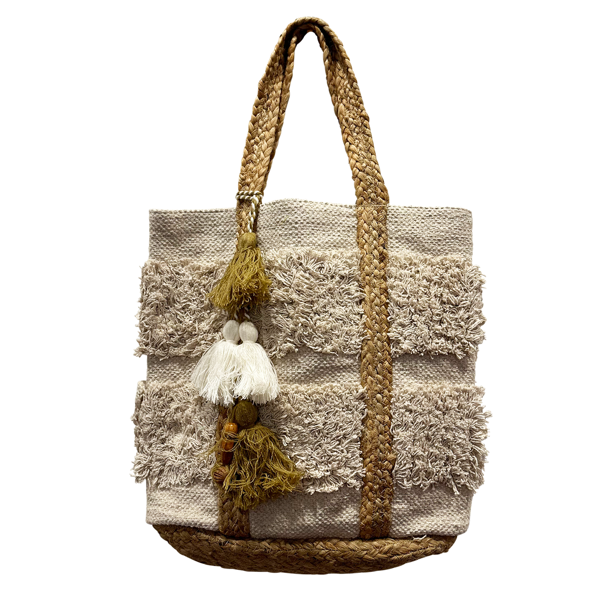 Ivory Fringed Cotton & Jute Tote Bag with Braided Handles