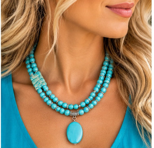 Handcrafted Turquoise Double-Strand Necklace with Oval Pendant